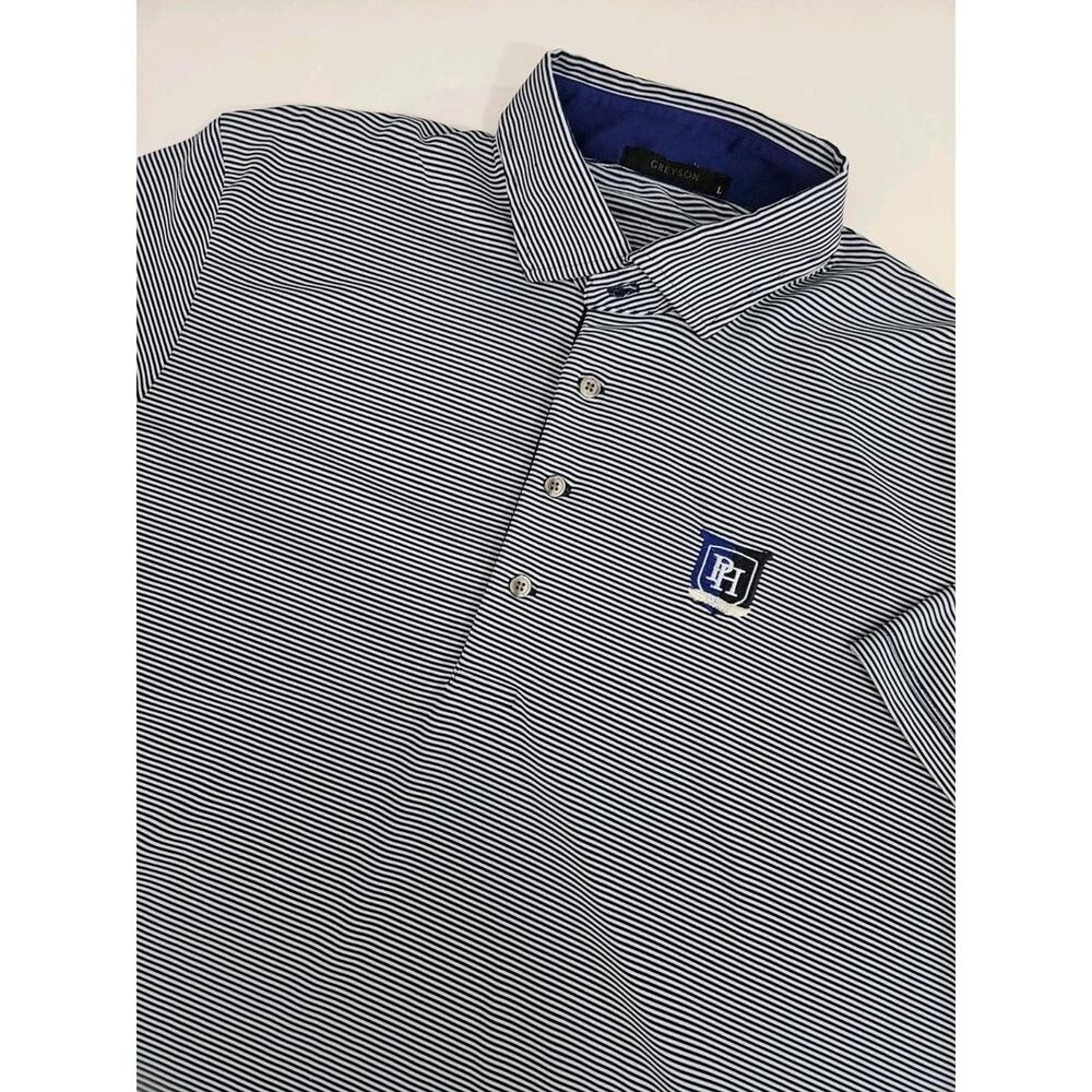 Greyson Golf Polo Large Blue White Striped Performance Wolf Logo